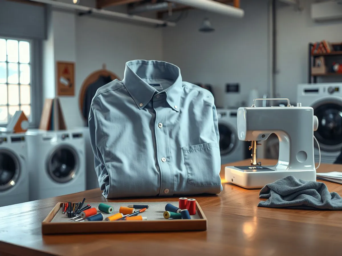 衣物修补服务台，展示缝补工具和待修补衣物