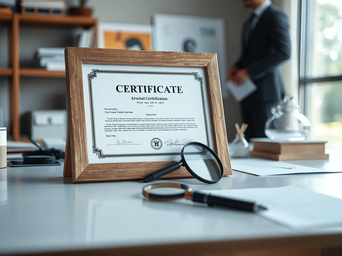 ISO 9001质量管理体系认证证书摆放在办公桌上，旁边有放大镜和笔