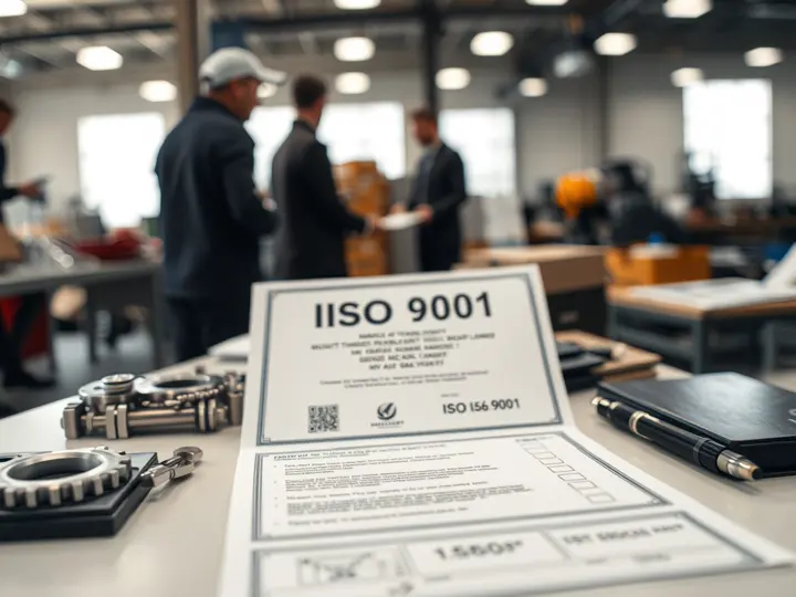 ISO 9001认证证书特写，旁边有笔和检查清单